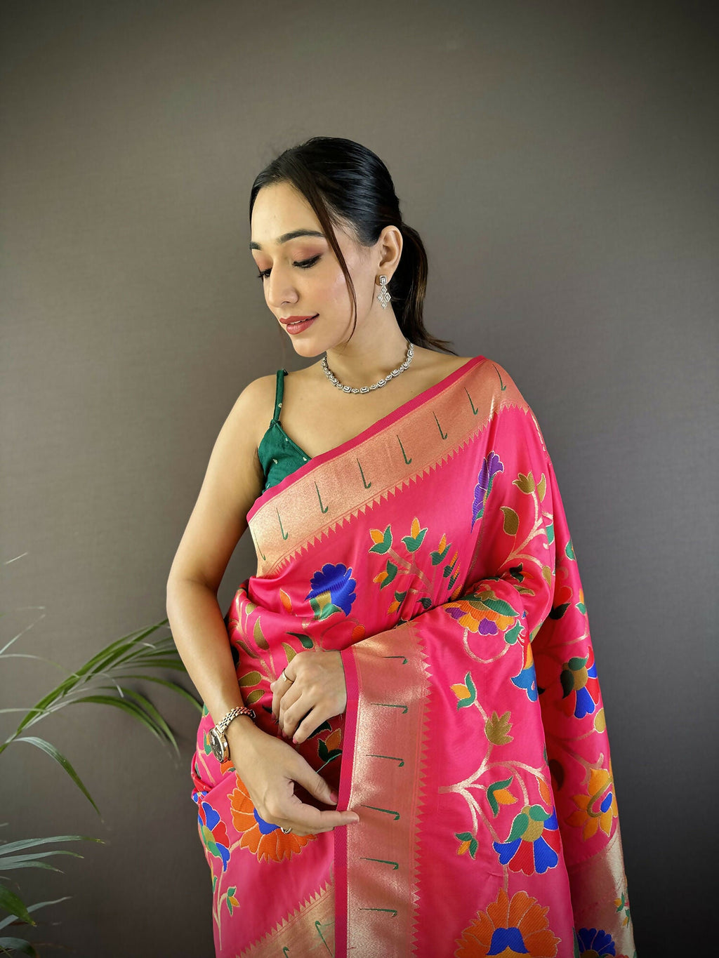 Reddish Pink Soft Silk Paithani Saree with Zari Motifs