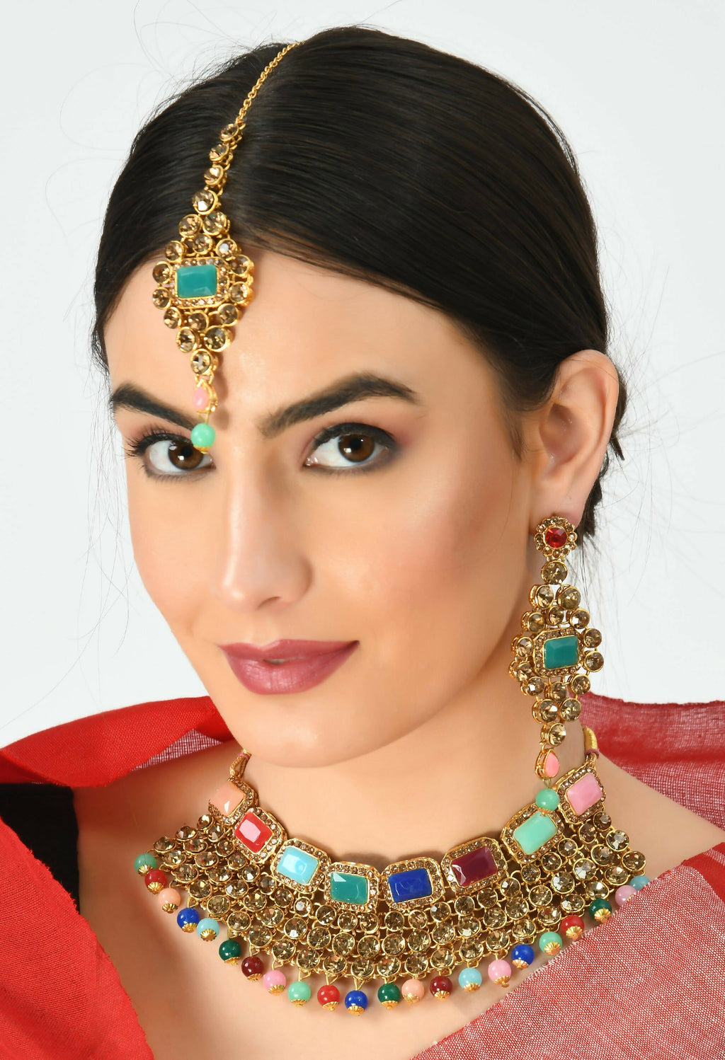 Heavy Rajwadi Design Multi-Color Gold-Polished Necklace Set