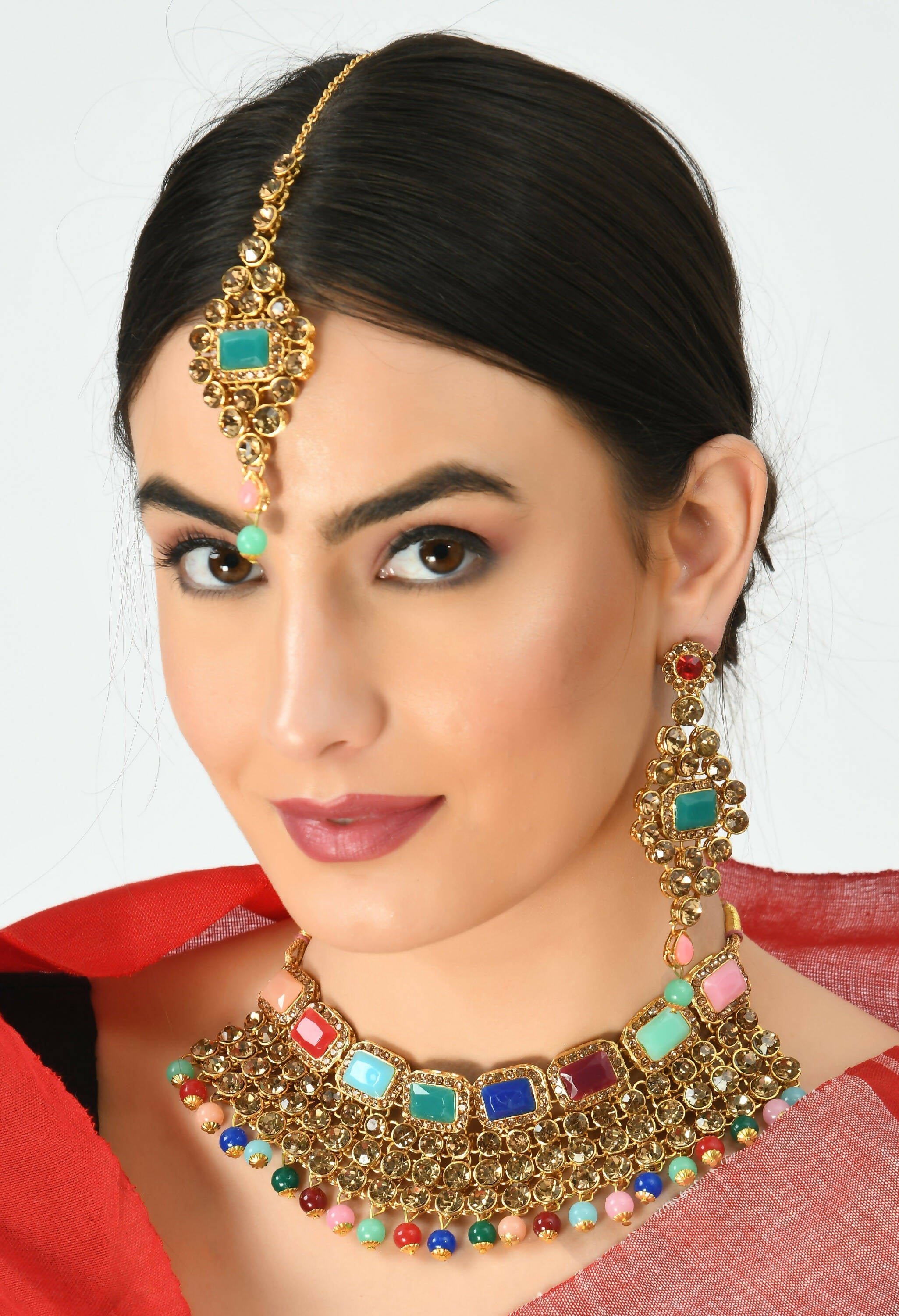 Heavy Rajwadi Design Multi-Color Gold-Polished Necklace Set