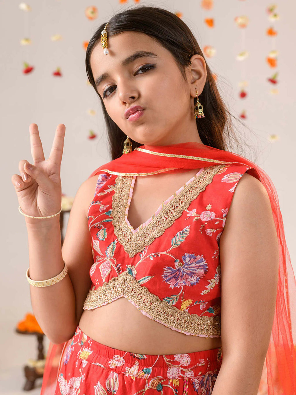 Girl's Orange Lehenga Choli in Cotton with Net Dupatta
