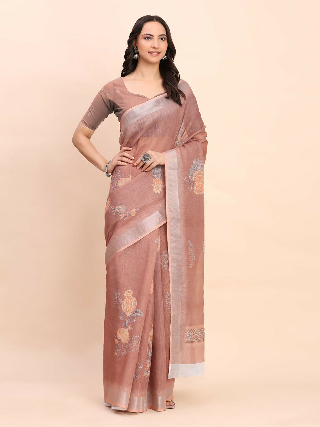 Brown Linen Cotton Saree for Women with Matching Blouse Fabric