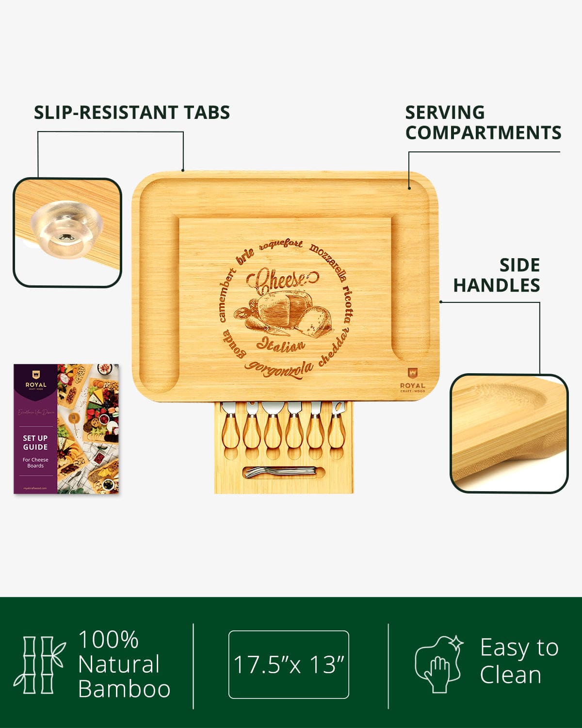 XXL Bamboo Cheese Board with Integrated Cutlery Serving Set - Image 2