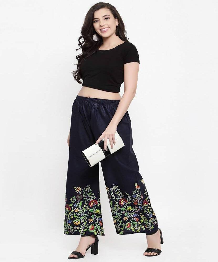 Navy blue palazzo pants with feminine floral print