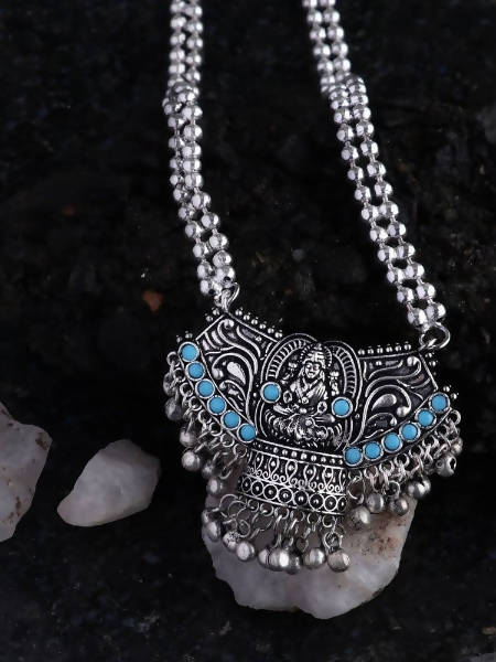 Oxidized silver long necklace featuring Laxmi Mata pendant and turquoise stone detailing