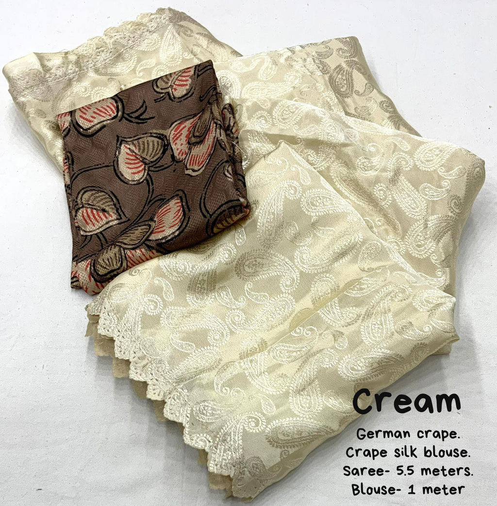 Cream Poly Silk Saree with Ethnic Mango Motifs and Cutwork Border