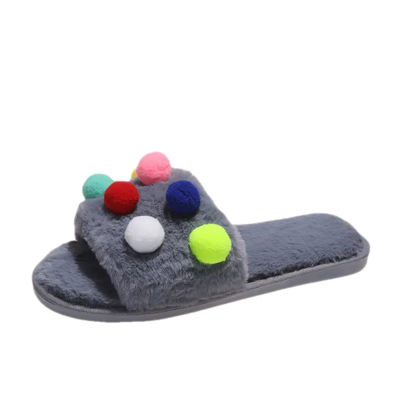 Women's Fluffy Pom Pom Slippers Open Toe House Slides - Image 3