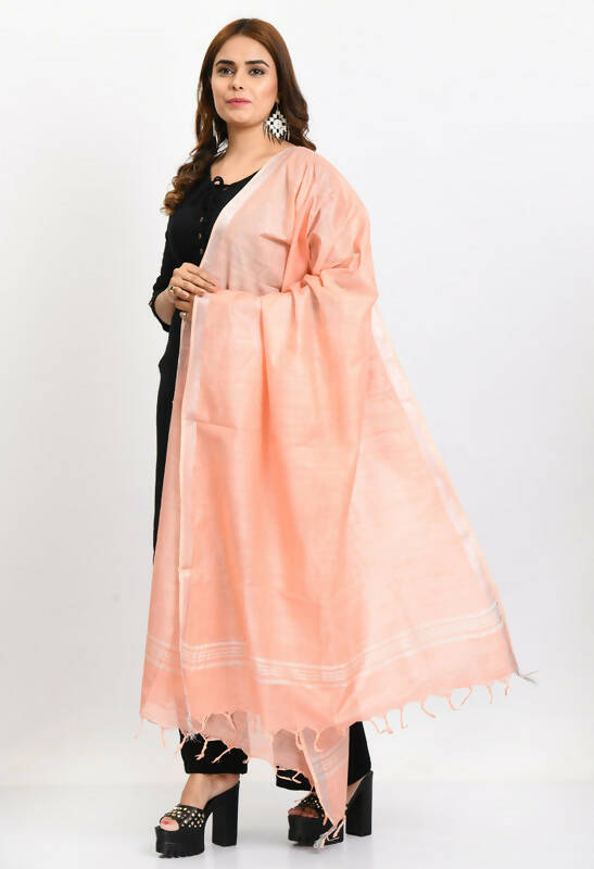 Peach Linen Cotton Dupatta with Silver Border