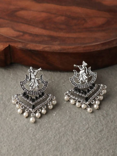 Mominos Fashion Johar Kamal Oxidised Silver Barrat Earrings with Black Stone inlay