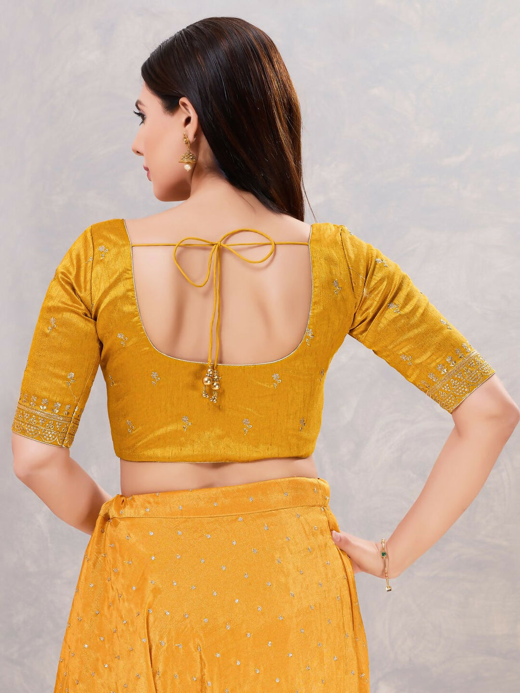 Women's Mustard Silk Round Neck Stitched Blouse