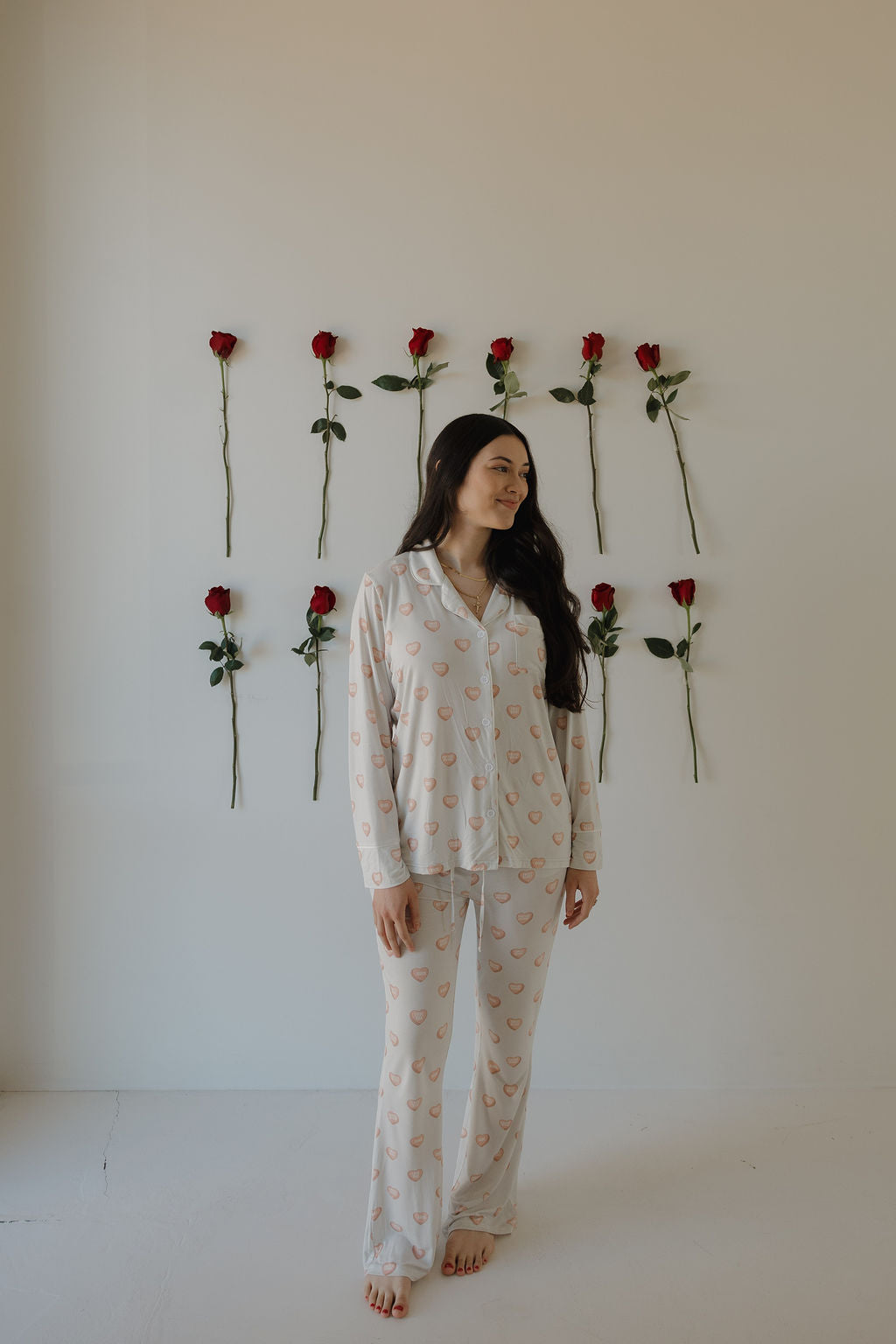 Women's Bamboo Button Up Lounge Set with Heart Print in Grey - Image 4