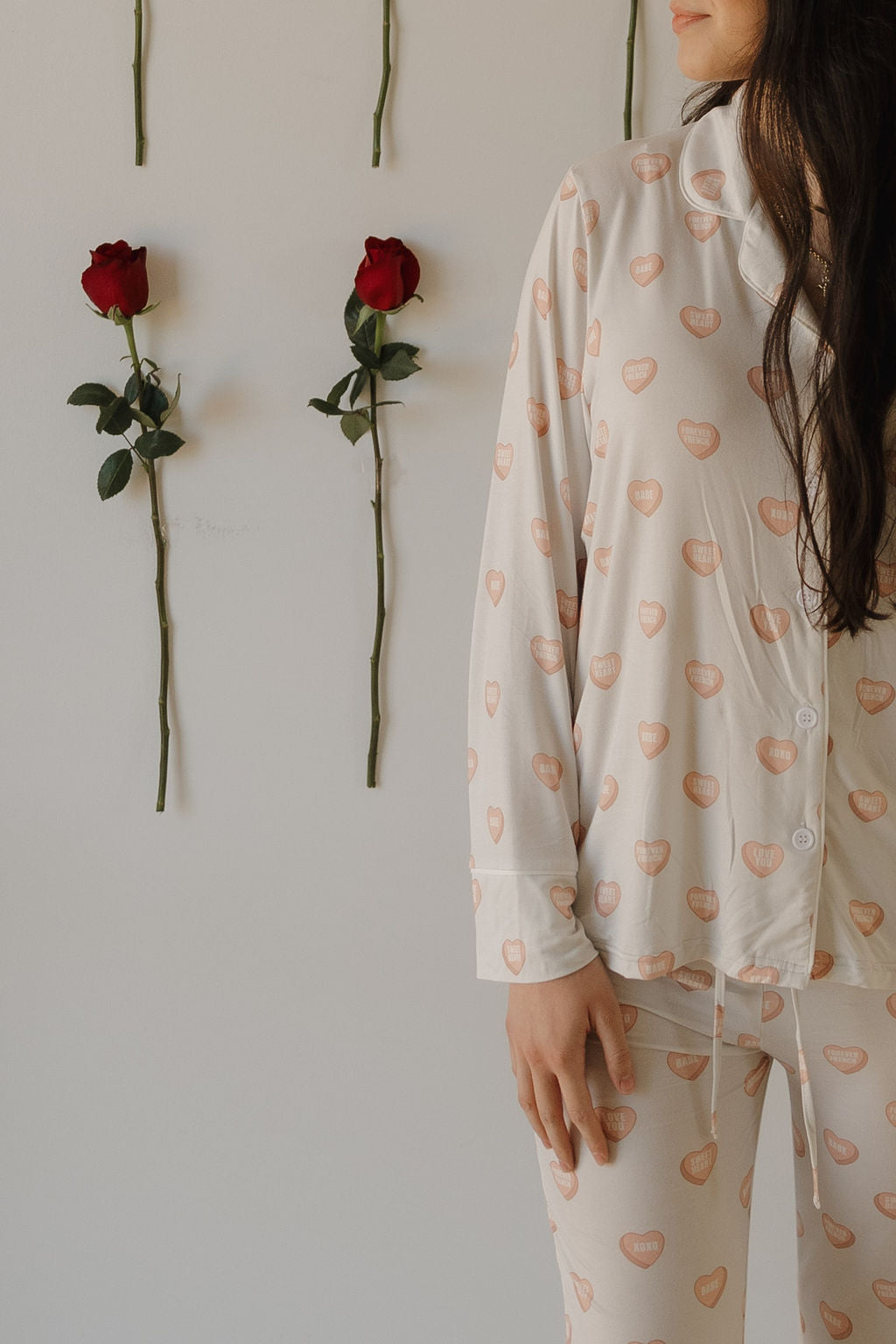 Women's Bamboo Button Up Lounge Set with Heart Print in Grey - Image 6