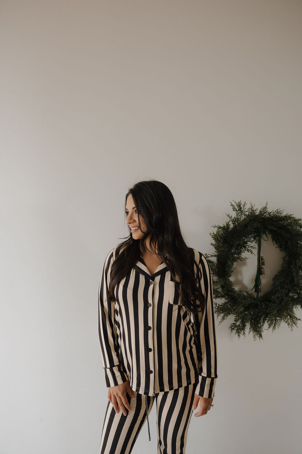 Women's Bamboo Button Up Lounge Set in Midnight Stripe - Image 4