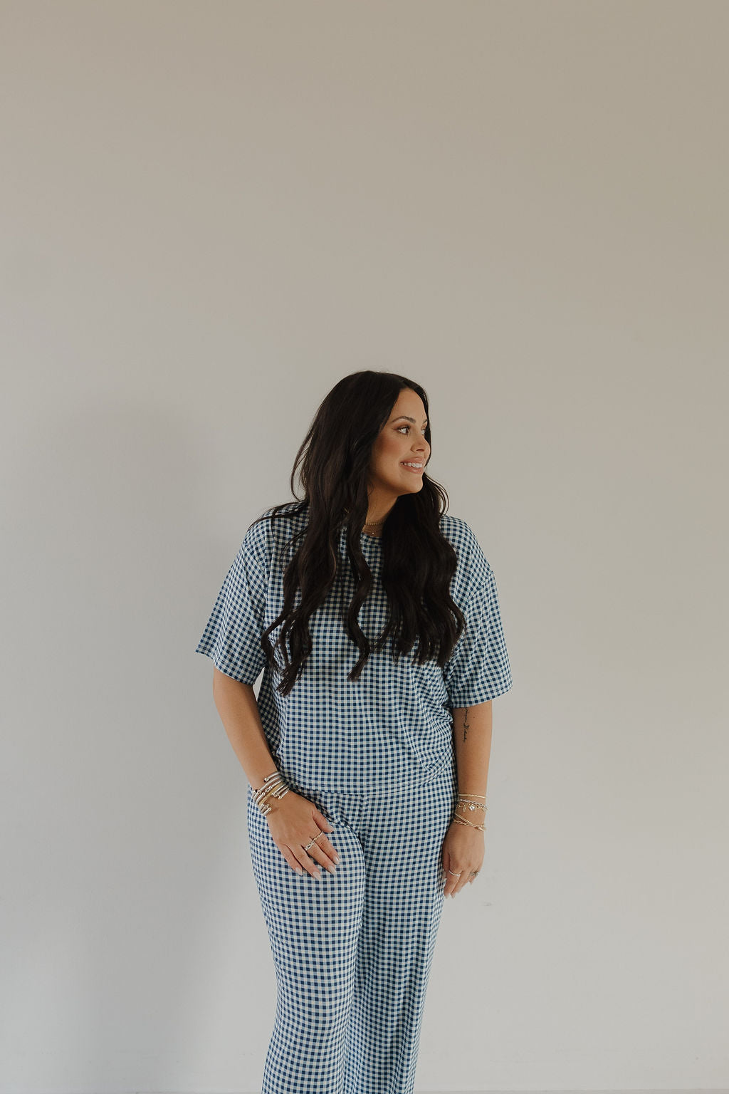 Women's Blue Gingham Boxy Tee & Wide-Leg Bamboo Lounge Set - Image 5