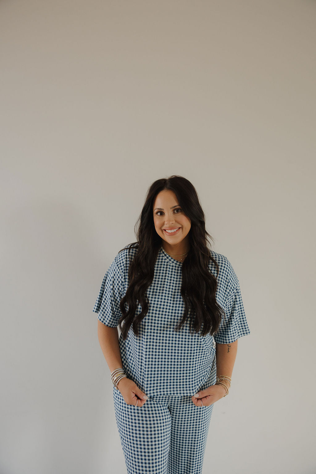 Women's Blue Gingham Boxy Tee & Wide-Leg Bamboo Lounge Set - Image 9