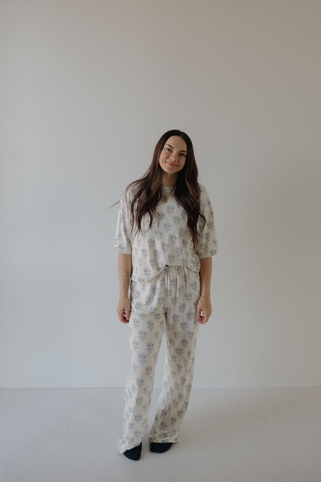 Women's Boxy Tee Lounge Set in Cream and Navy Blue