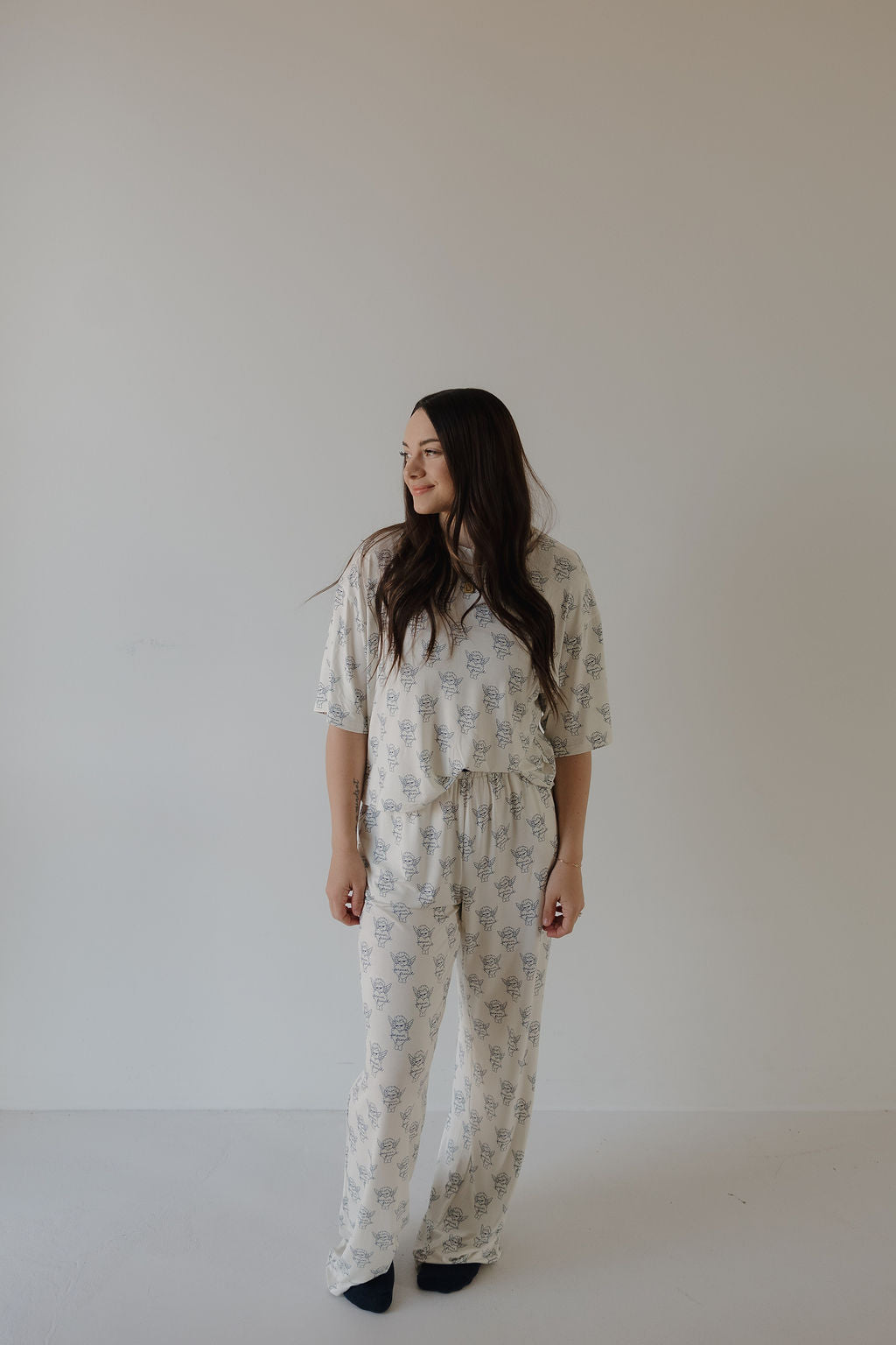 Women's Boxy Tee Lounge Set in Cream and Navy Blue