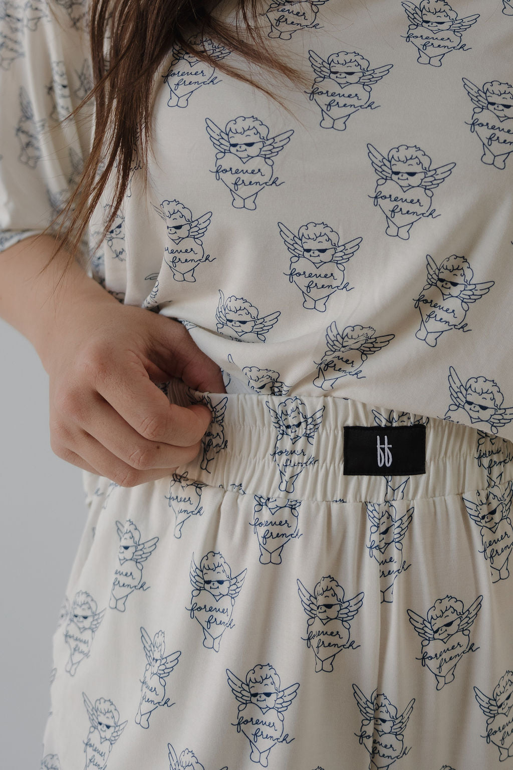 Women's Boxy Tee Lounge Set in Cream and Navy Blue