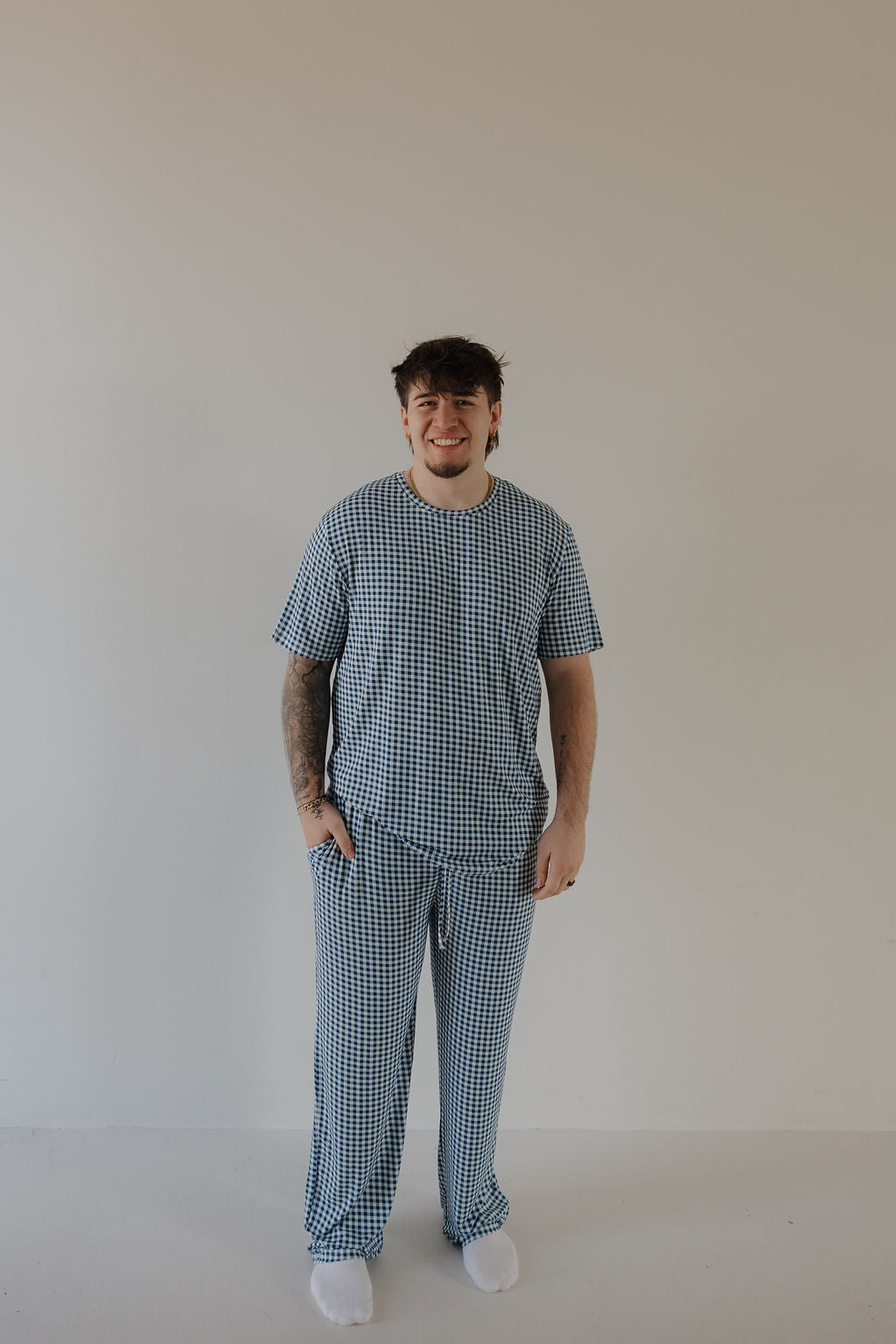 Men's Short Sleeve Pajamas | Blue Gingham