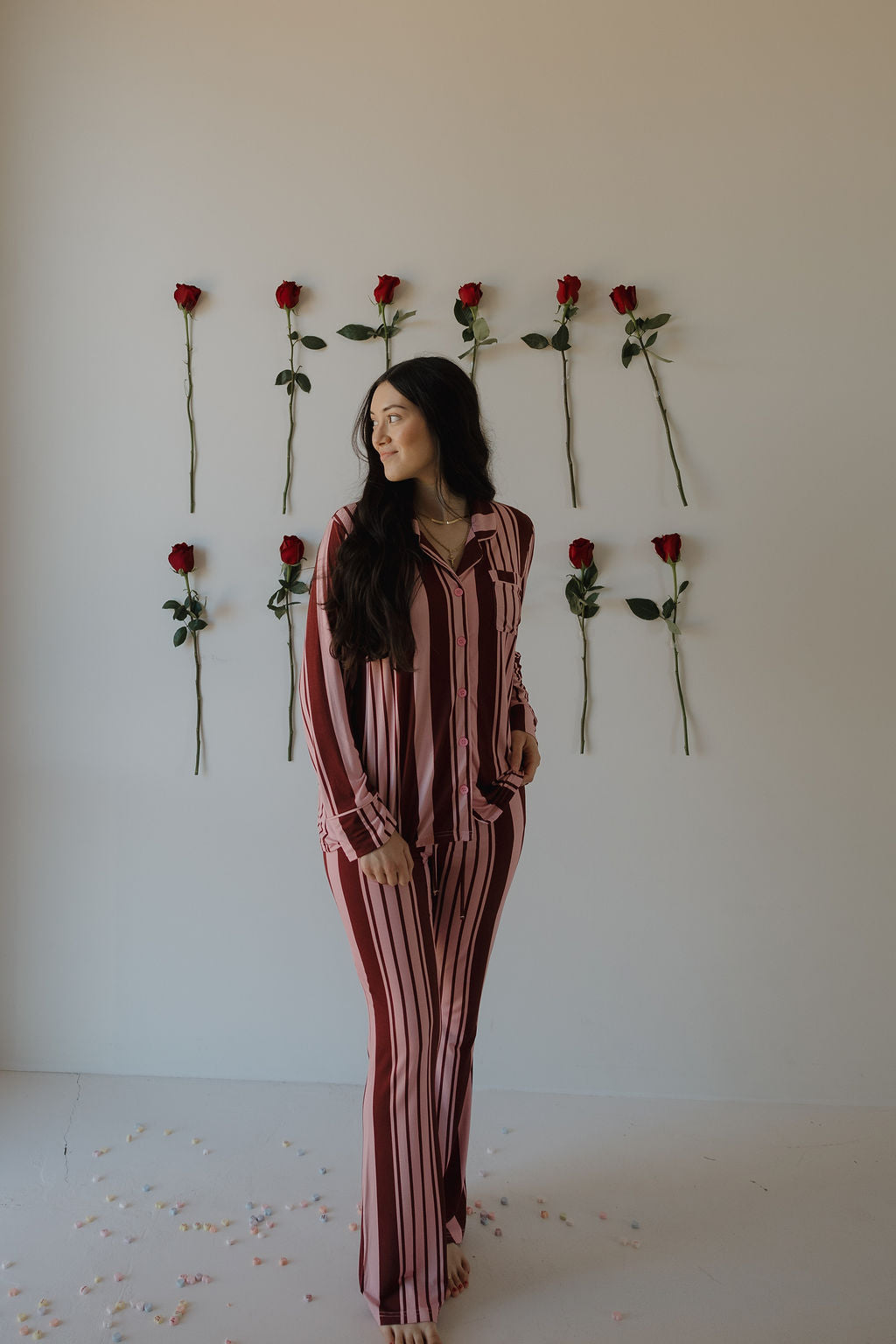 Women's Bamboo Button Up Lounge Set in Sweetheart Stripe - Image 3