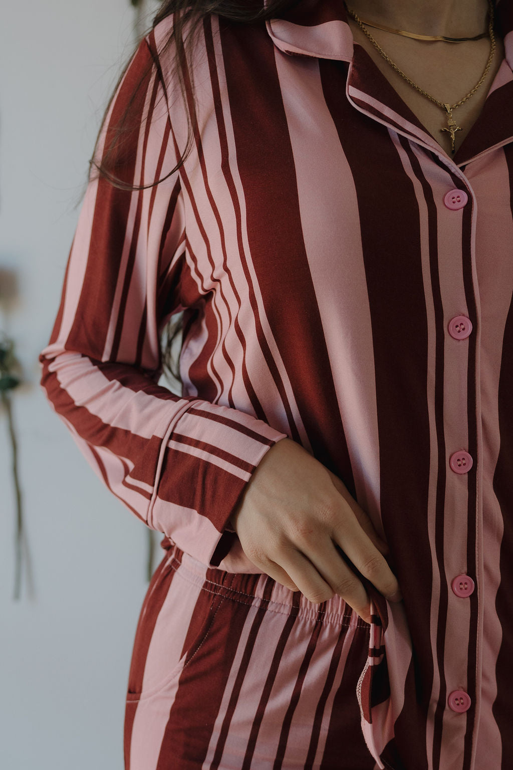 Women's Bamboo Button Up Lounge Set in Sweetheart Stripe - Image 5