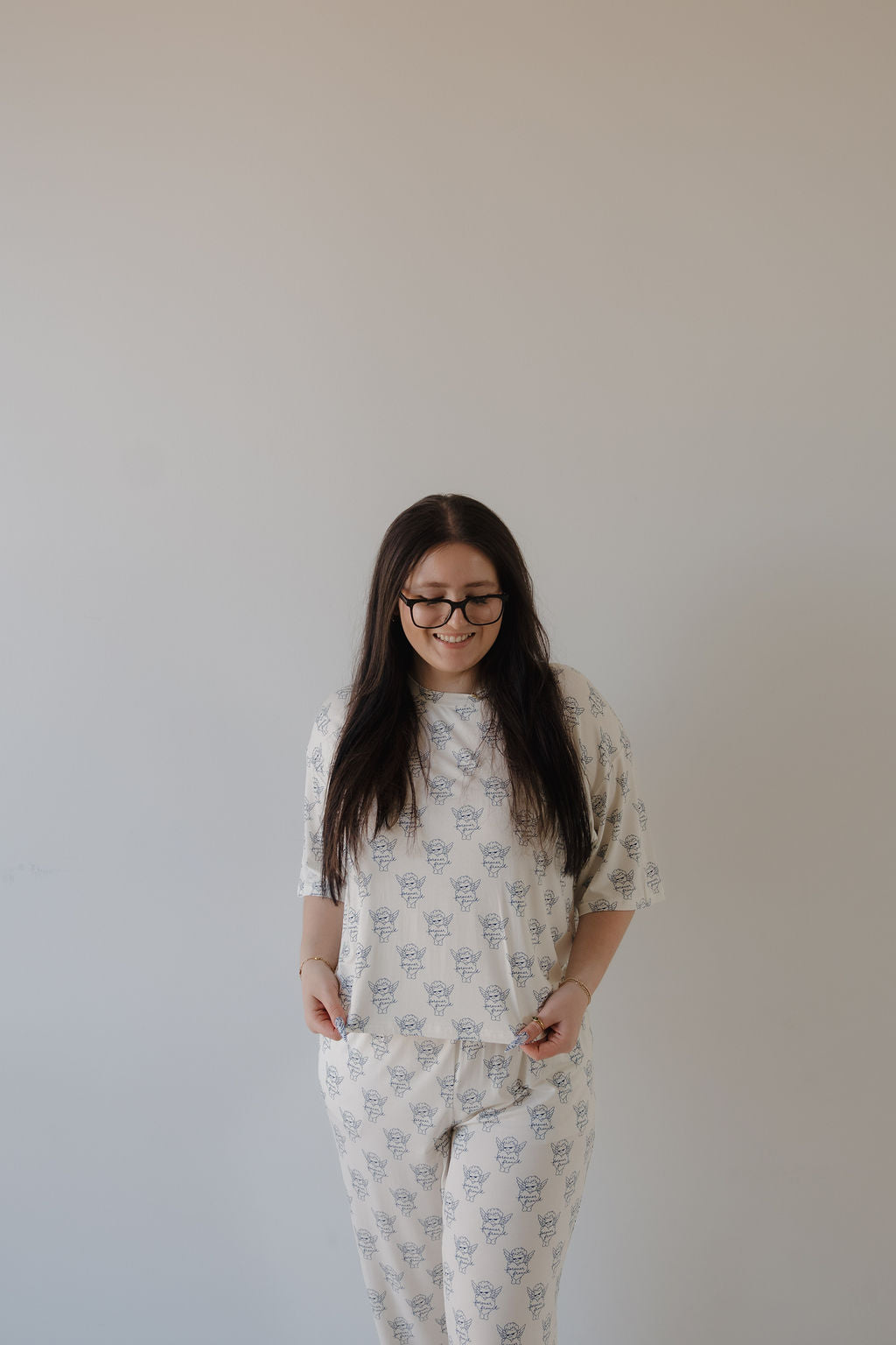 Women's Boxy Tee Lounge Set in Cream and Navy Blue