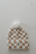 Adult ff Knit Pom Top Beanie | Tan Checkerboard