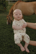 Baby wearing a cream-colored short-sleeve zip romper with a brown wild horse pattern, held outdoors.
