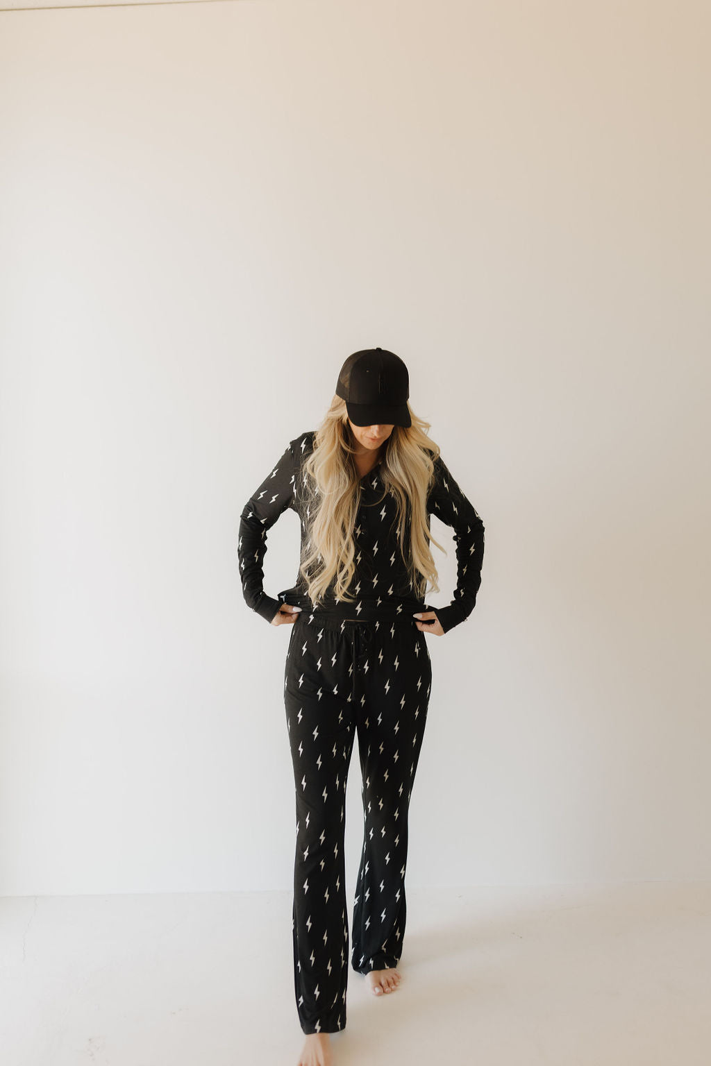 Women's Bamboo Long Sleeve Pajama Set in Midnight Lightning Bolt