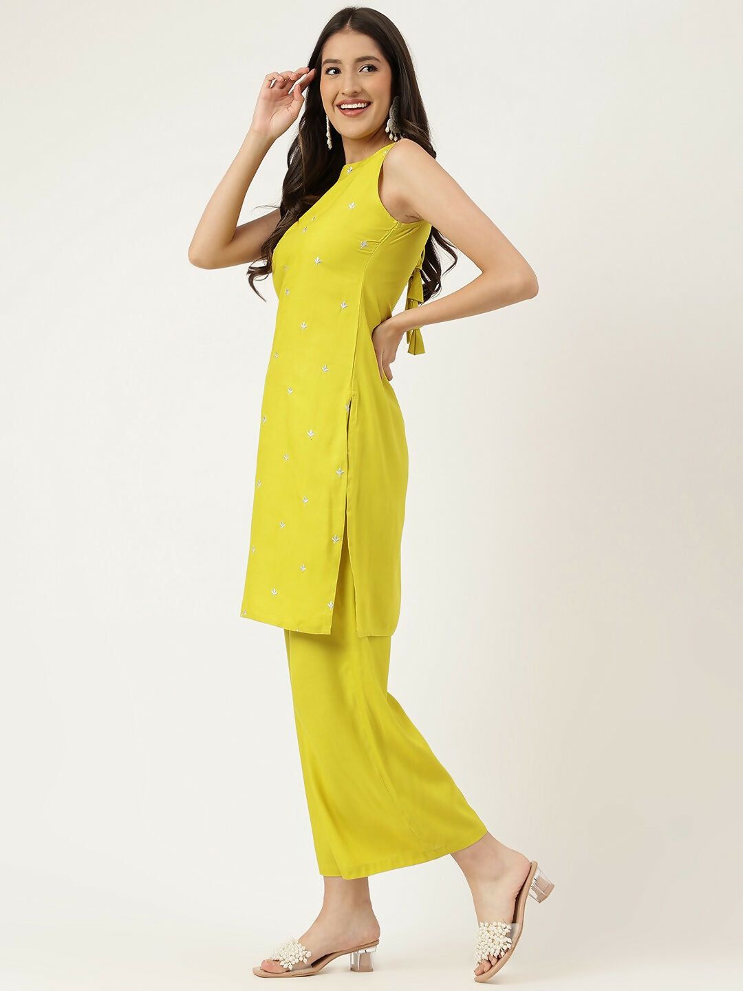 Mustard Rayon Embroidered Straight Kurta and Bottom Set