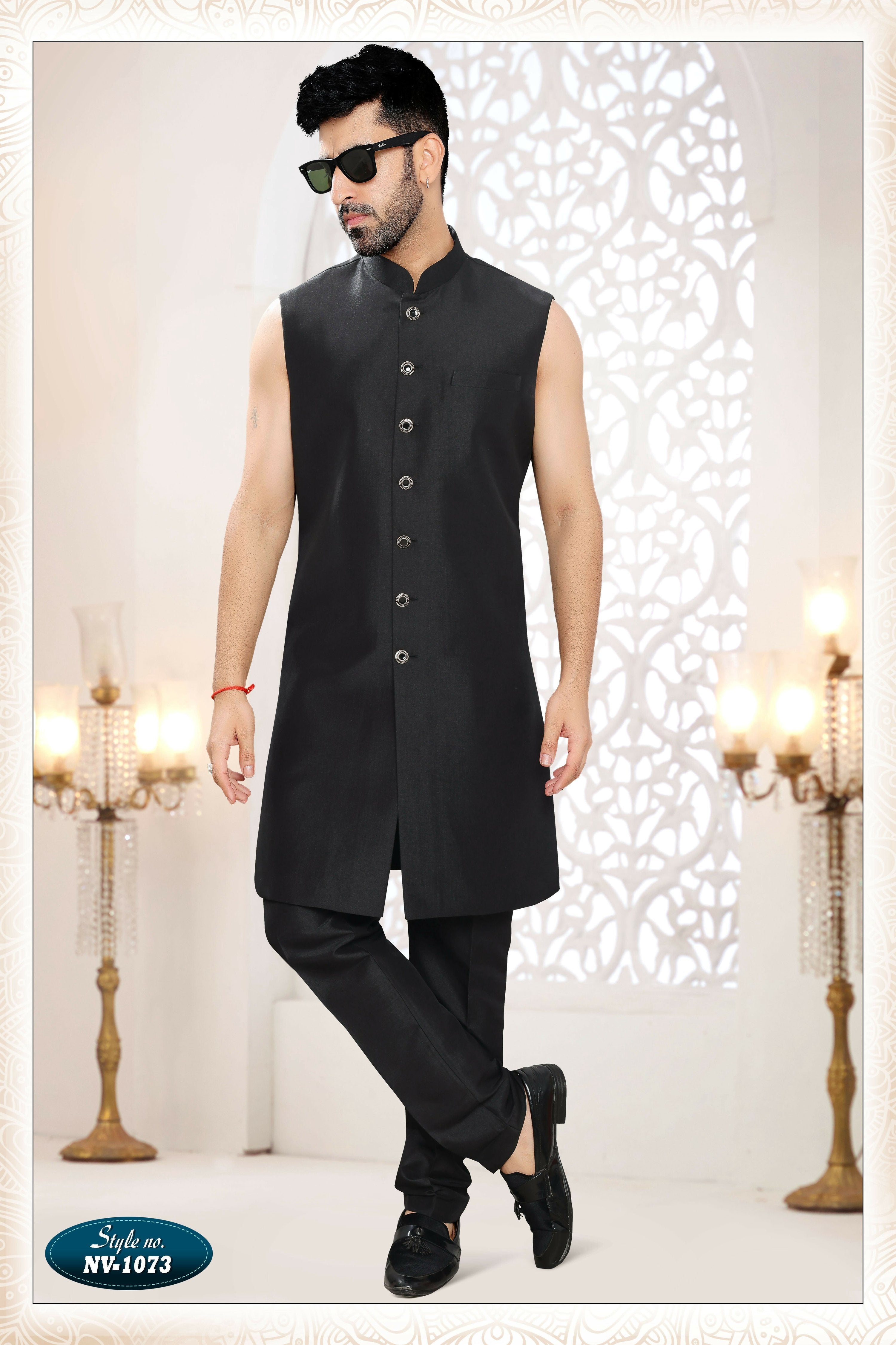 Men's Black Straight Georgette Thread Embroidery 3 Pc Kurta Set