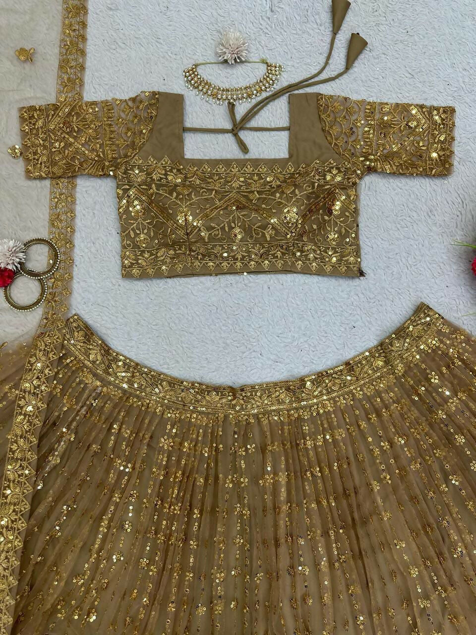 Beige Butterfly Net Sequins Embroidered Lehenga Choli Set
