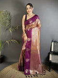 Rich wine colored Dharmavaram saree with intricate gold zari weaving and silk blend blouse.