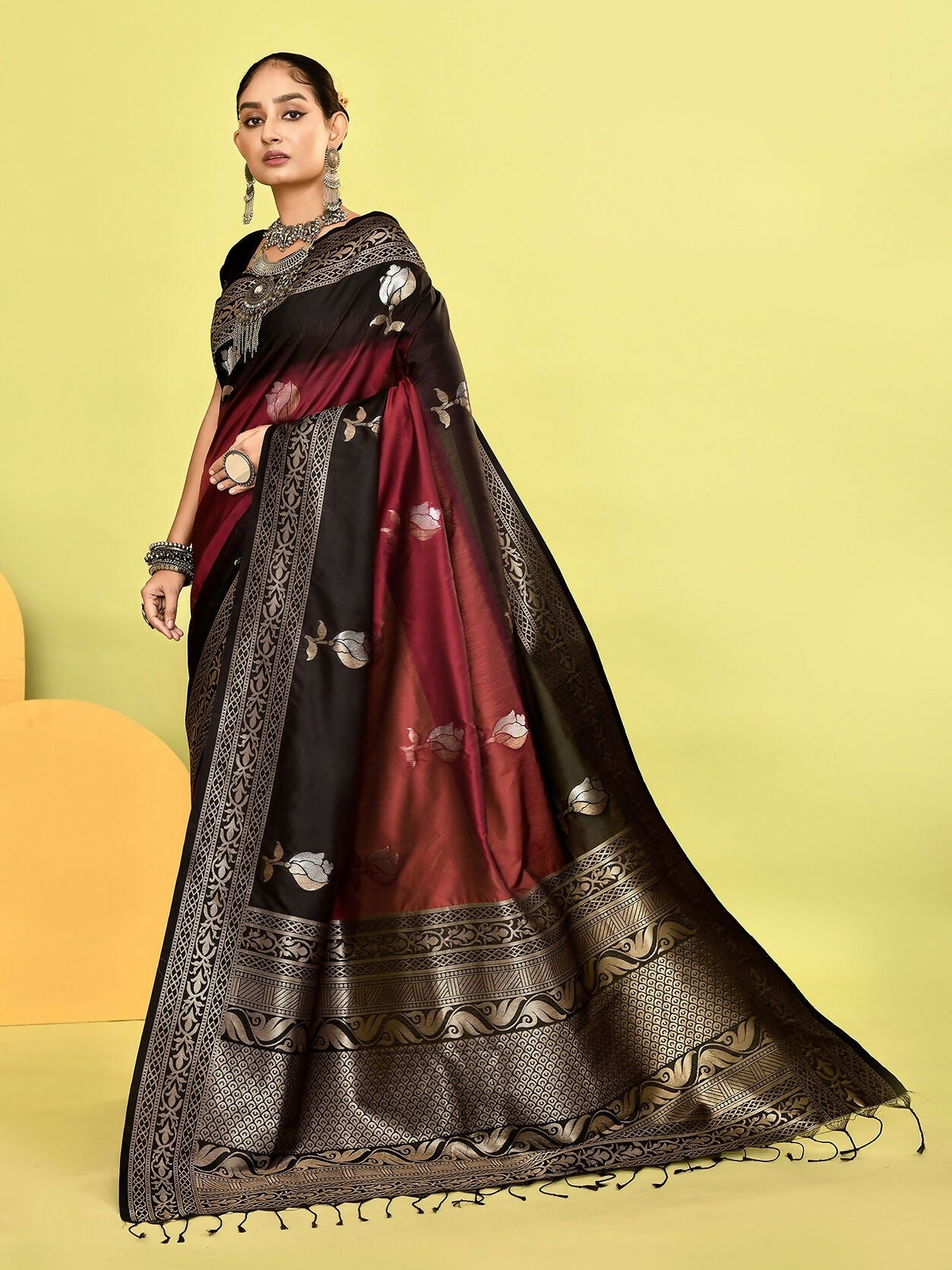 Maroon & Black Banarasi Silk Saree with Weaving Border
