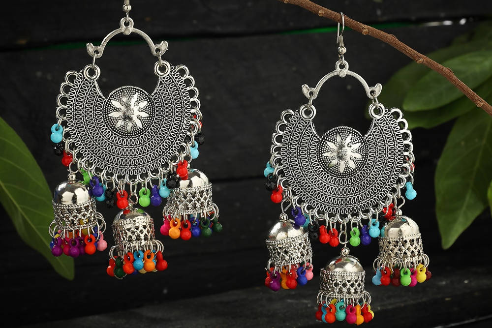 Oxidised Silver Multicolour Geometric Bohemian Ethnic Earrings