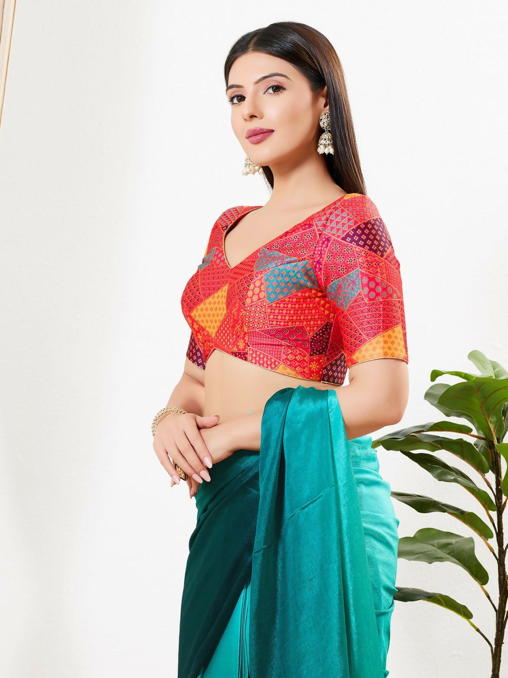 Red Brocade Padded Blouse with V Neck and Elbow Sleeves