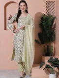 Green cotton floral digital printed straight kurta set with coordinating dupatta and trousers