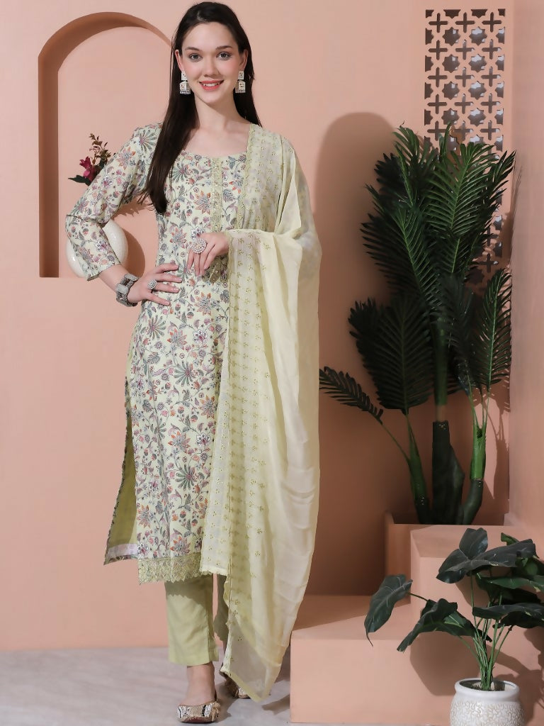 Green cotton floral digital printed straight kurta set with coordinating dupatta and trousers