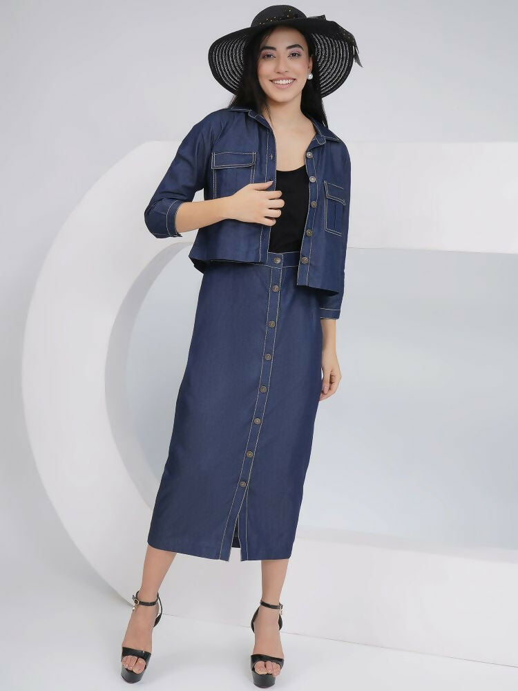Black Cotton Denim Pencil Skirt Set with Matching Jacket