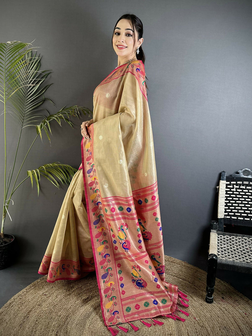 Beige Tissue Paithani Saree with Elegant Zari Weaving Details