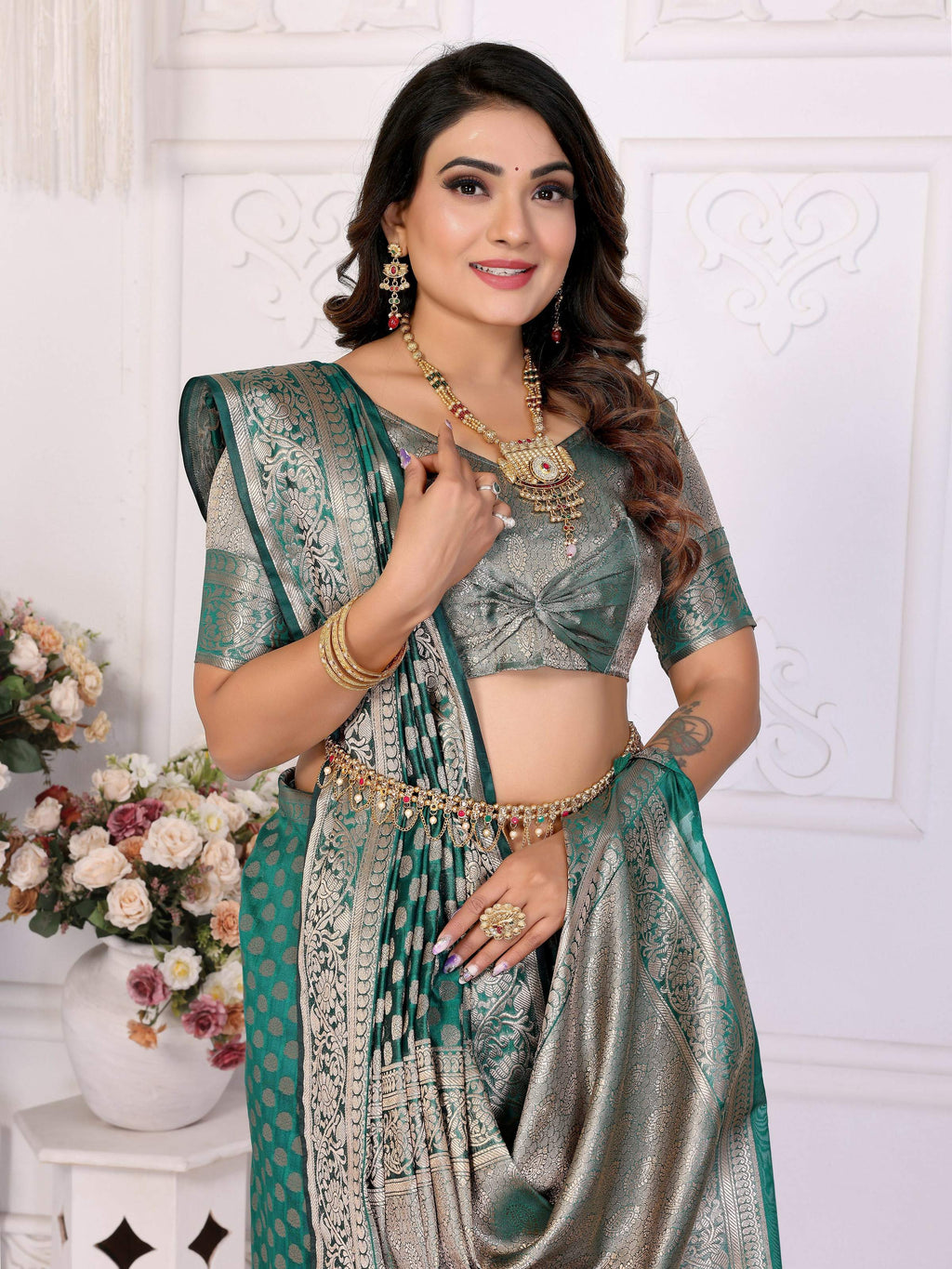 Green Organza Silk Weaving Saree with Matching Blouse Piece
