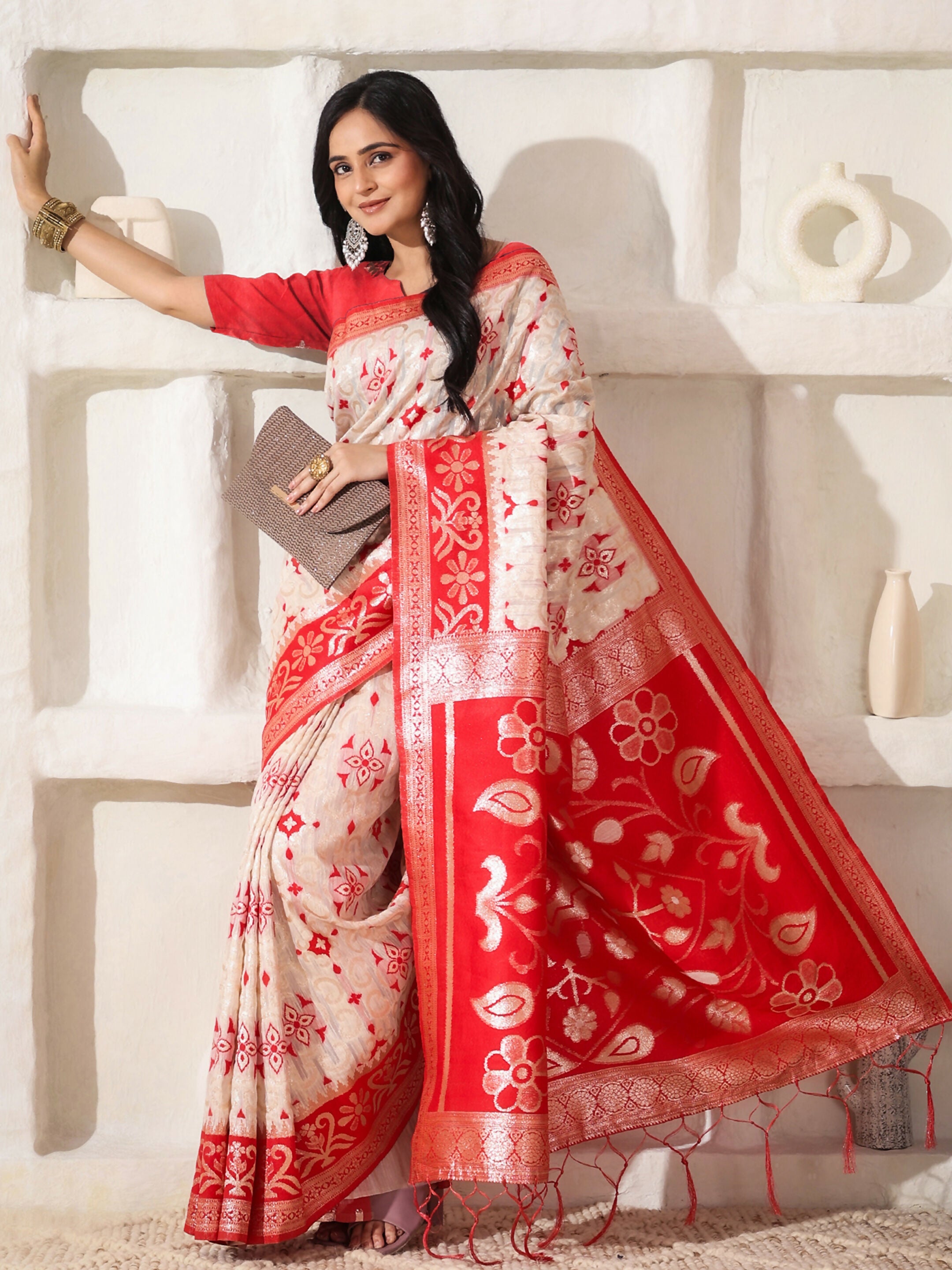 Linen Cotton Red and White Saree with Matching Blouse