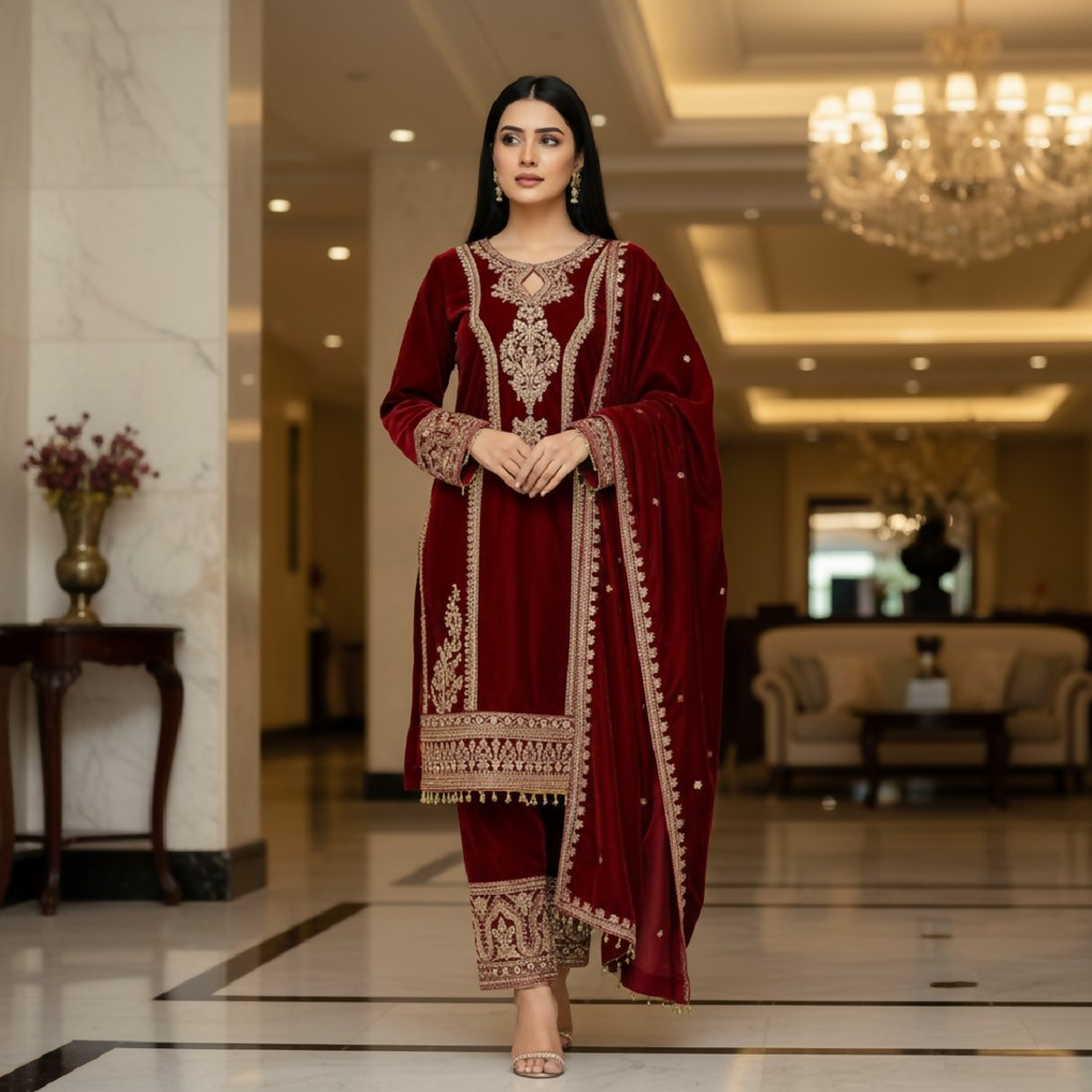 Model wearing a maroon velvet kurta set with detailed embroidery and sequence work