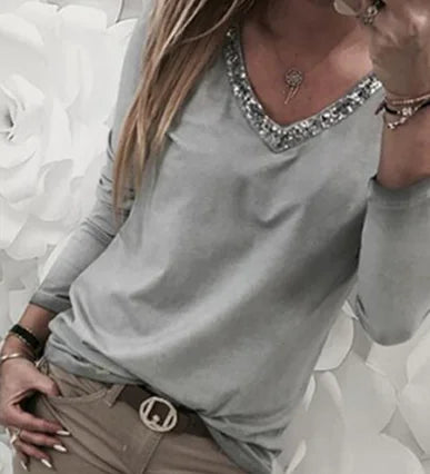 Women's Black Long Sleeve V Neck T-Shirt with Sequin Trim - Image 19