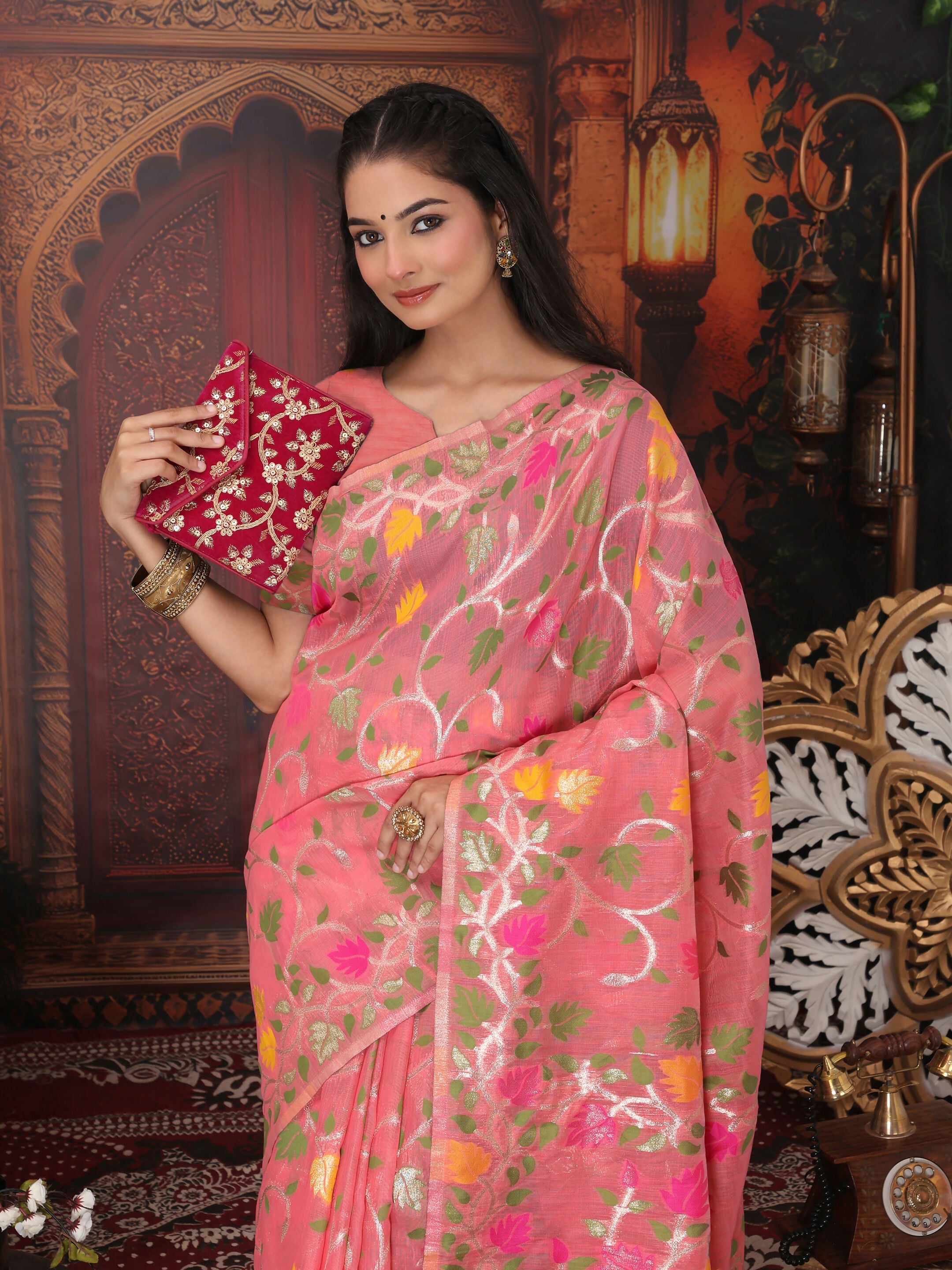 Shree Shyam Fashion Linen Cotton Pink Saree