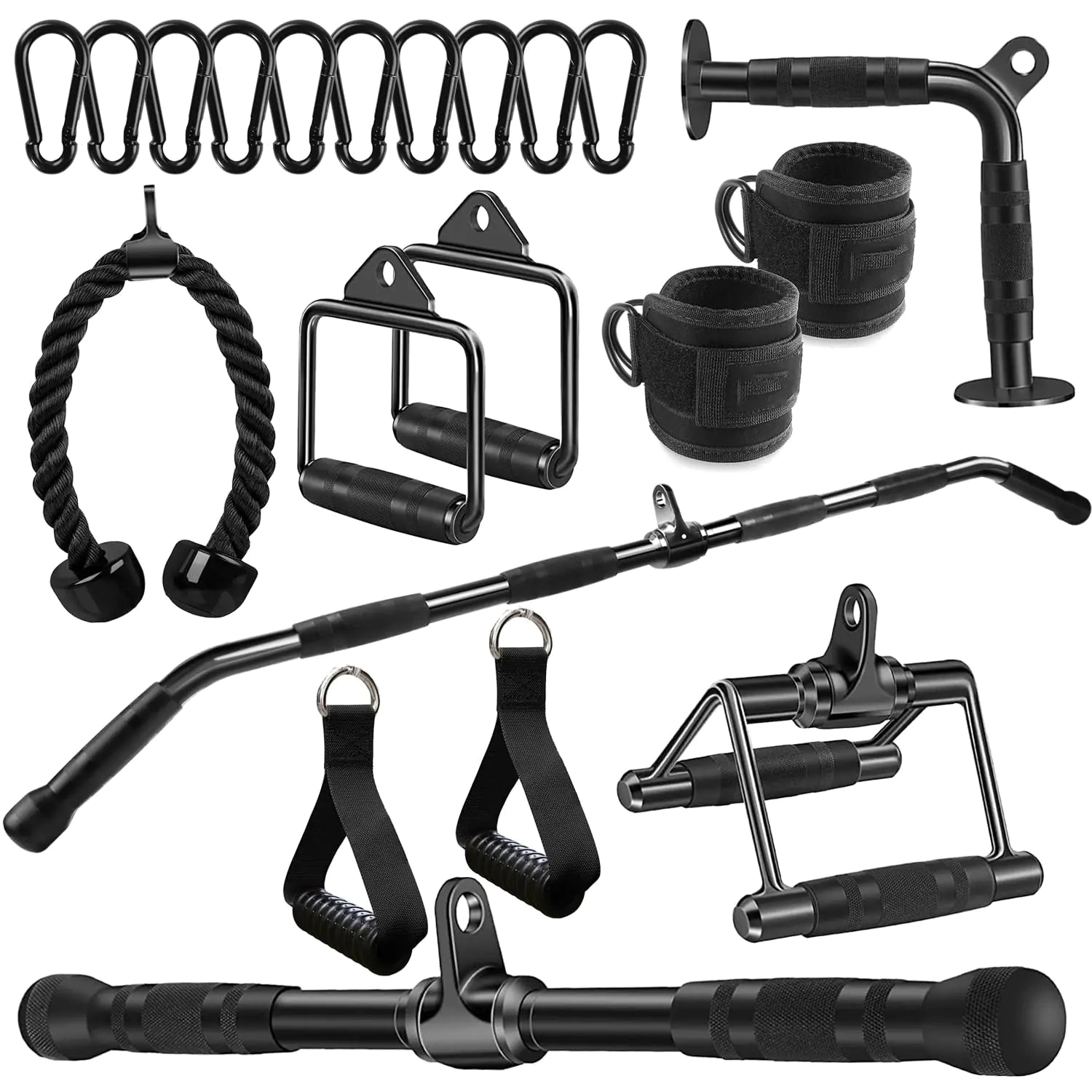 WNOEY 21 PCS Cable Attachments for Gym Set with 48 in LAT Bar LAT Pulldown Attachments Cable Machine Attachment Tricep Pull Down Attachment Home Gym Accessories Black