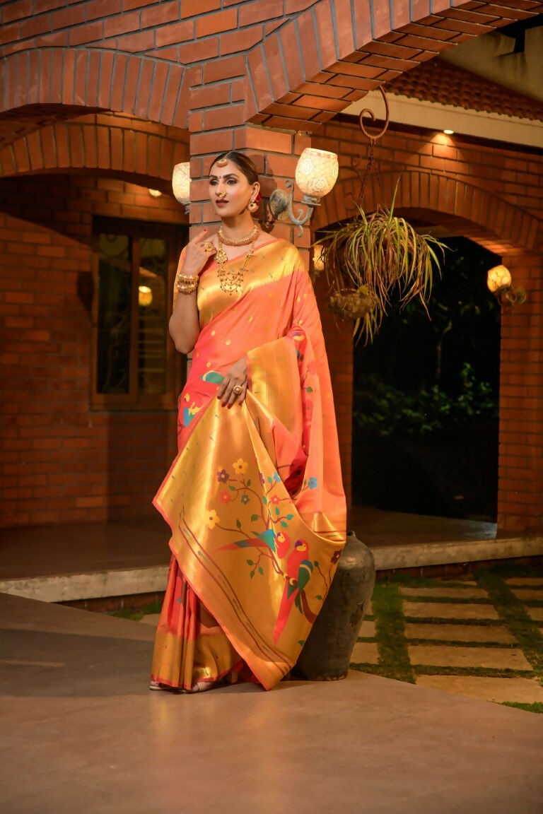 Orange Paithani Silk Zari Woven Saree with Matching Blouse