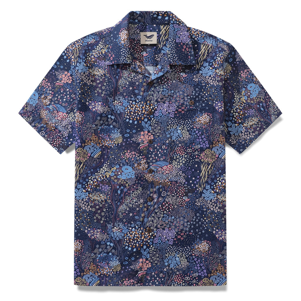 Unisex navy cotton camp shirt with abstract geometric jellyfish print