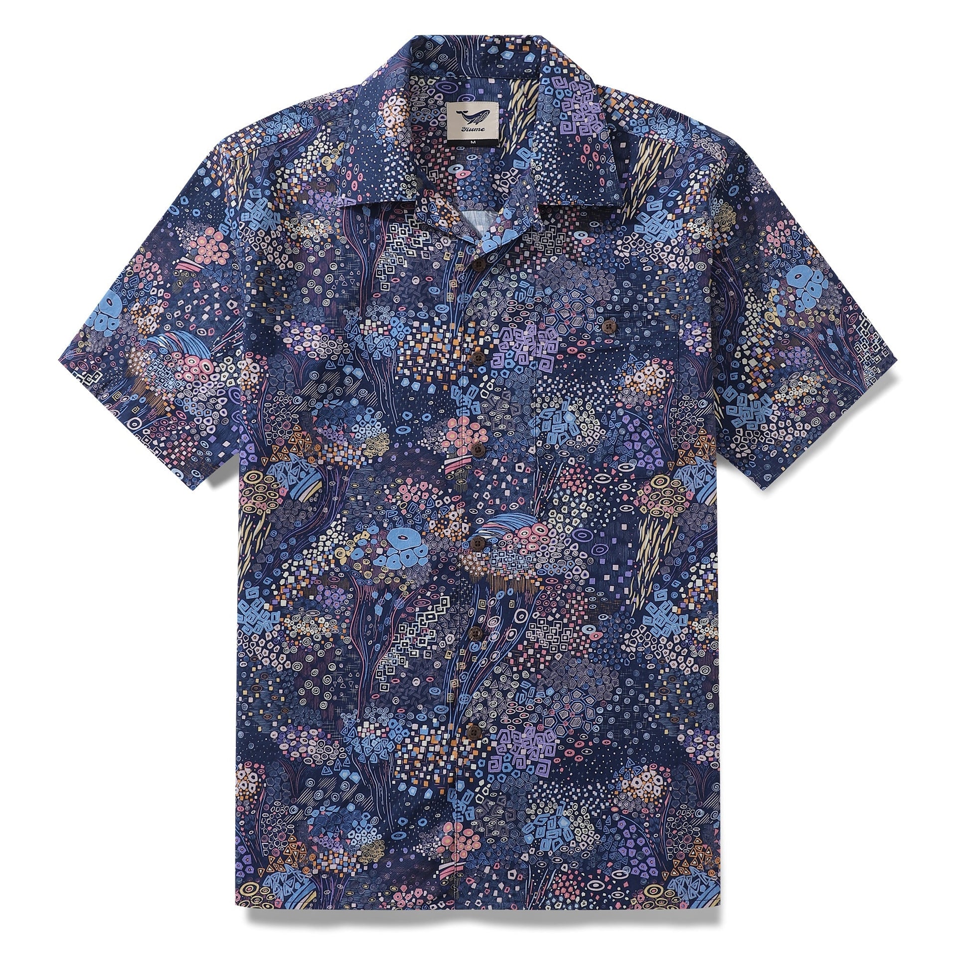 Unisex navy cotton camp shirt with abstract geometric jellyfish print