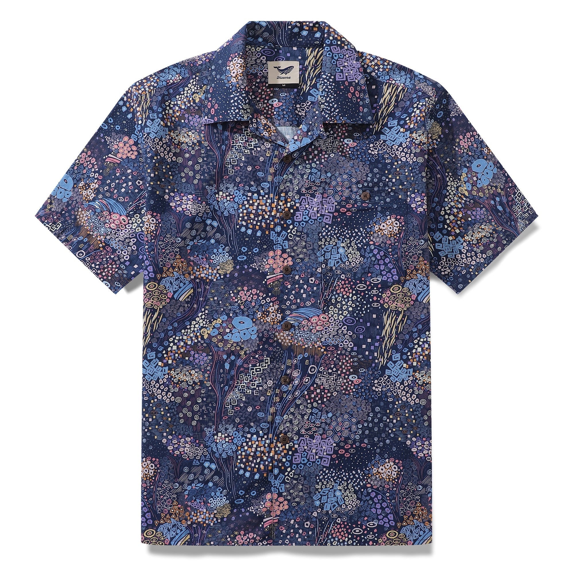 Unisex navy cotton camp shirt with abstract geometric jellyfish print