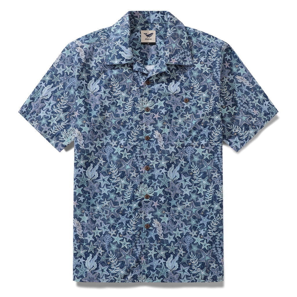 Men's 100% cotton Hawaiian shirt featuring a sea star and coral pattern with a camp collar.